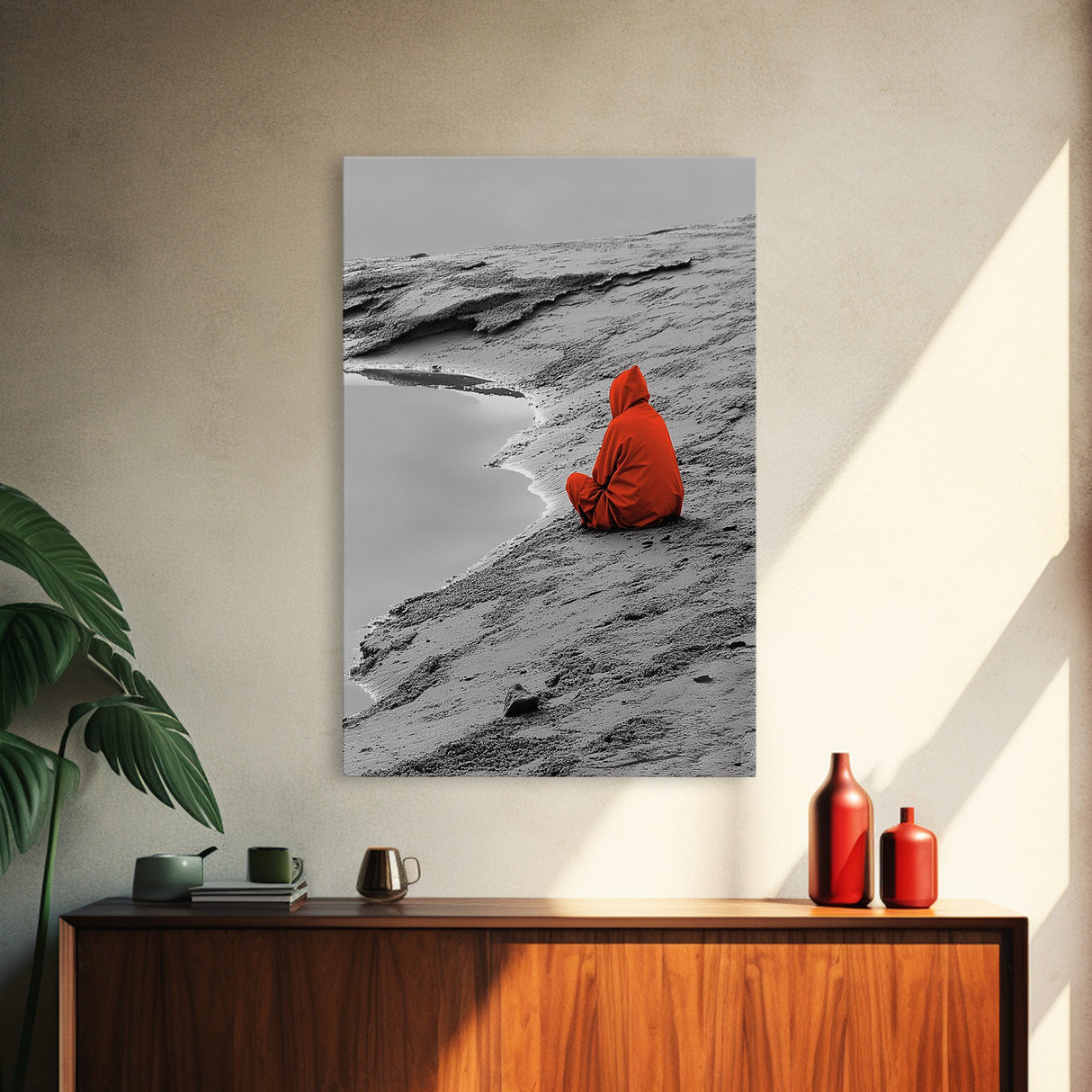 Red Cloaked Solitude, Minimalist Seashore, Peaceful Hooded Figure, Framed Canvas Print, Meditation Room Art, Surreal Photography