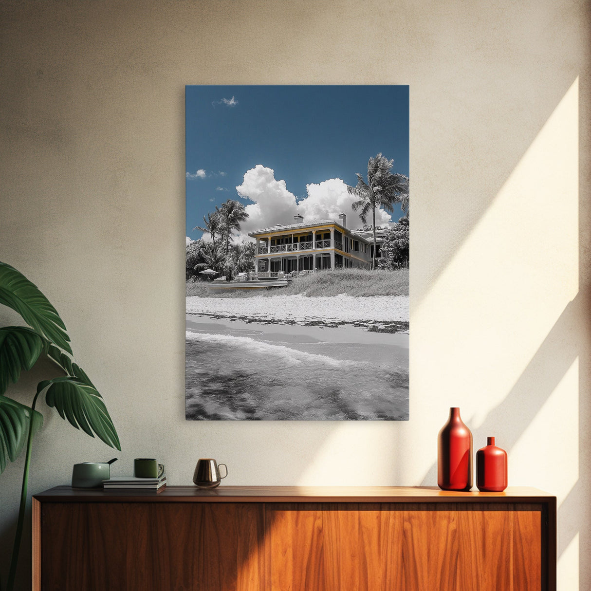 Coastal House, Tropical Beach, Summer Vacation, Color Pop, Framed Canvas Print, Beach House Art, Nautical Decor, Living Room Wall Art