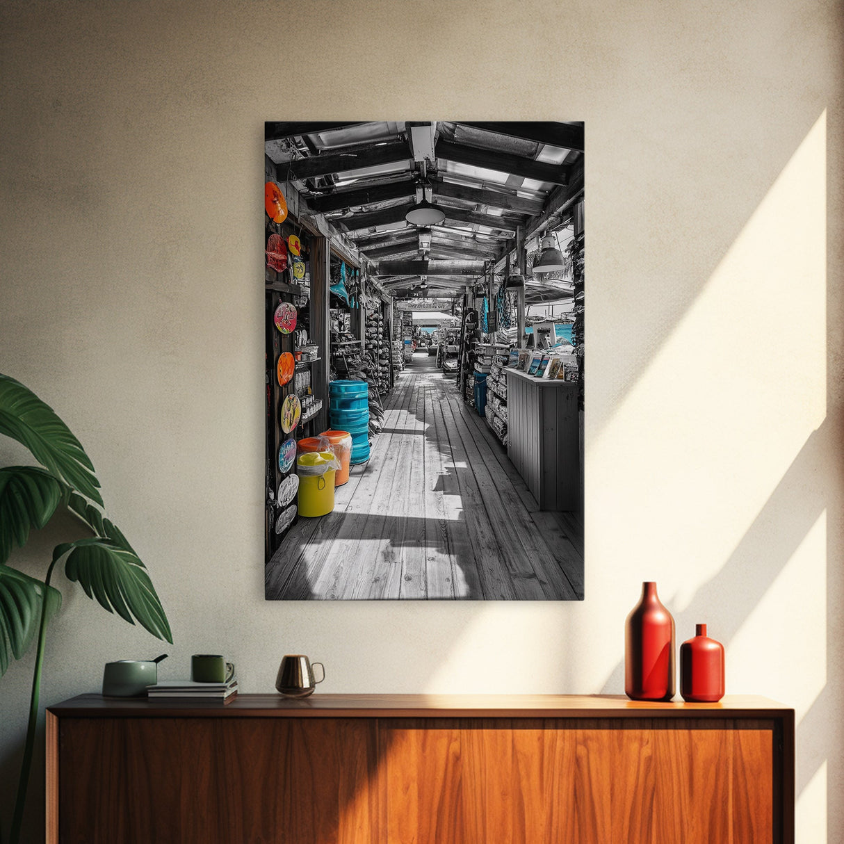 Market Stroll, Beach Shop, Coastal Market, Tropical Life, Framed Canvas Print, Boho Beach Art, Kitchen or Entryway Wall Art