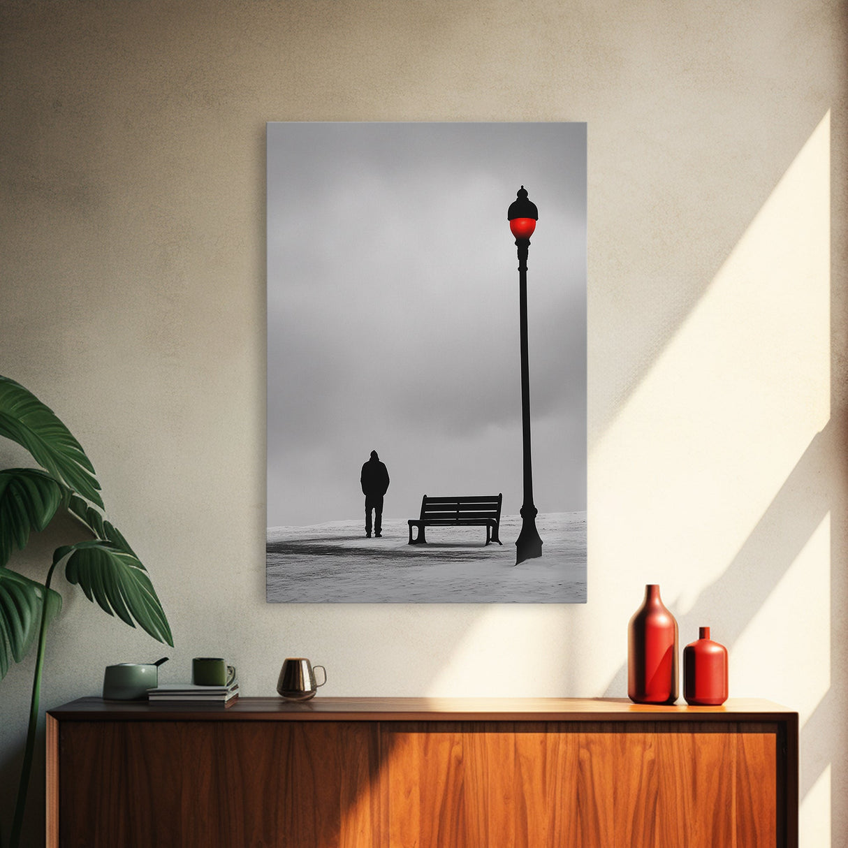 Red Street Lamp, Snowy Walkway, Silhouette Scene, Framed Canvas Print, Moody Wall Art, Minimalist Decor, Winter Vibes, Bedroom Accent