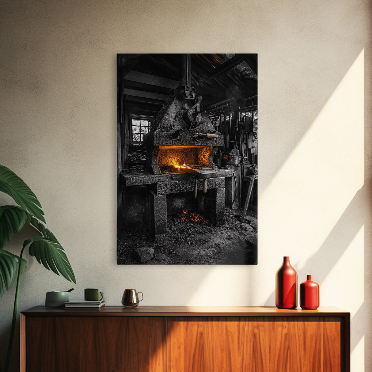 Forge Fire, Rustic Workshop, Industrial Heat, Metal Craft, Framed Canvas Print blacksmith decor, man cave wall art, moody workshop vibe