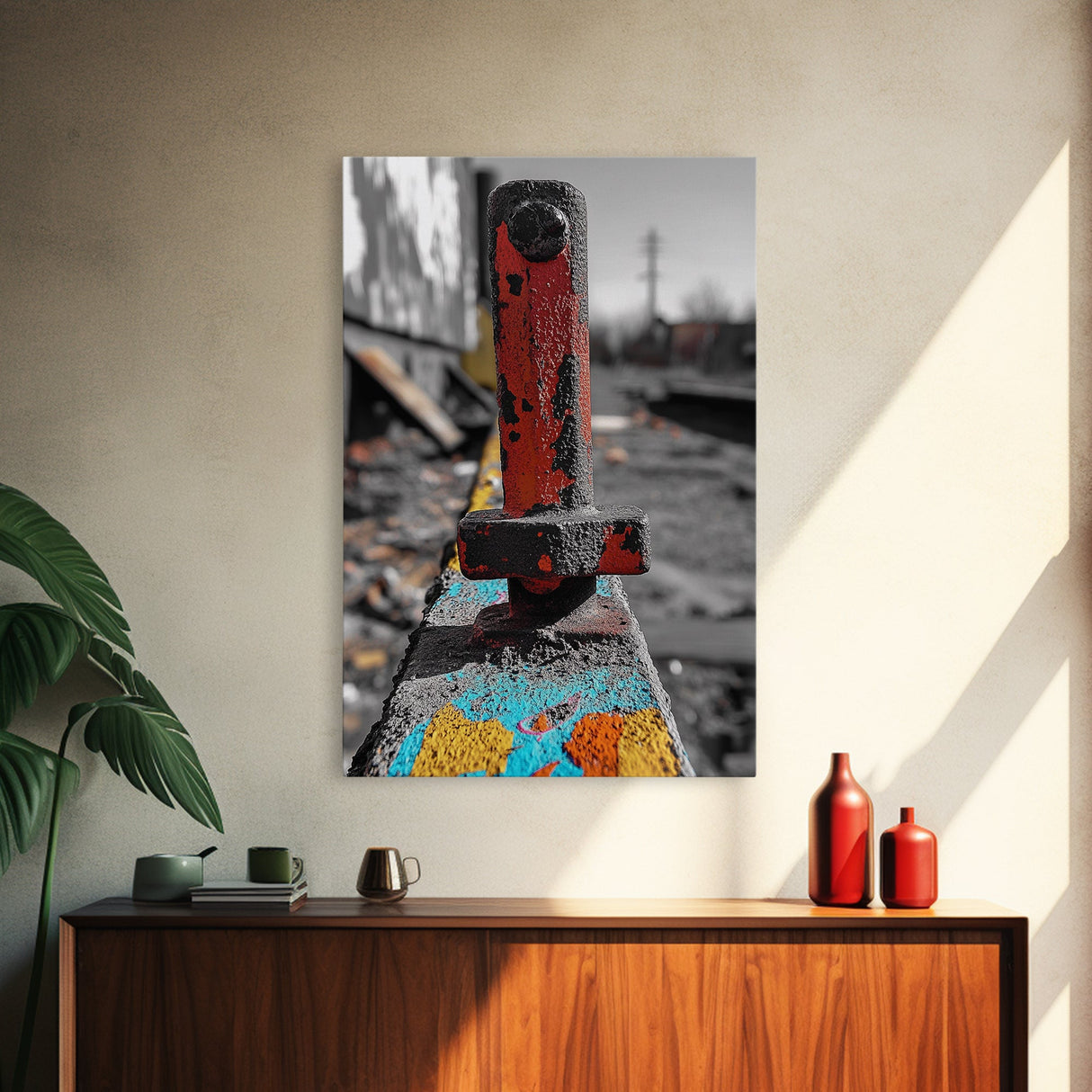 Red Peg, Graffiti Steel, Urban Rust Texture, Canvas Print, Industrial Wall Art, Modern Loft Decor, Urban Decay Photography