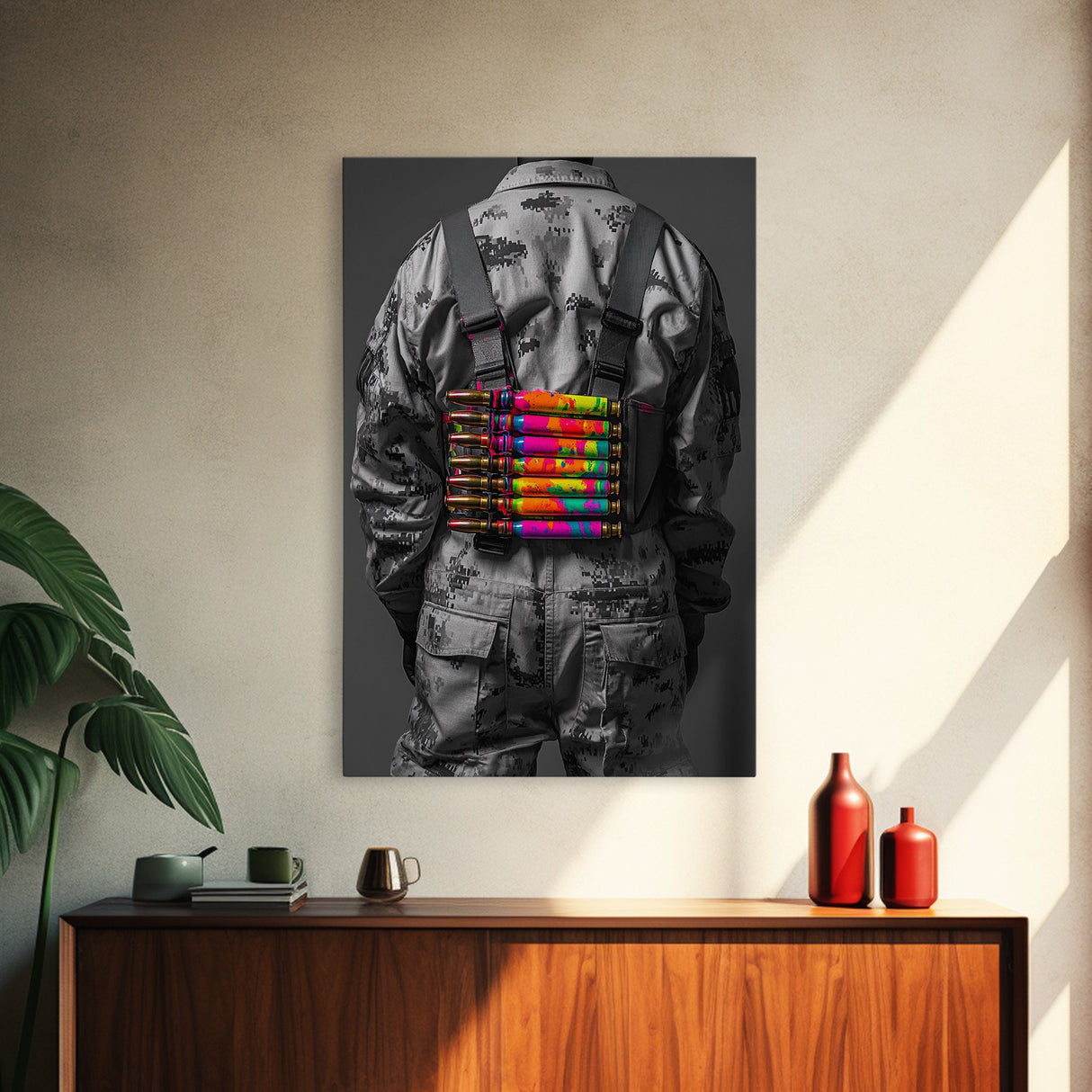 Colorful Ammo Art, Bold Bullets, Neon War, Framed Canvas Print, Urban Wall Art, Edgy Decor, Man Cave Accent, Pop Art Style
