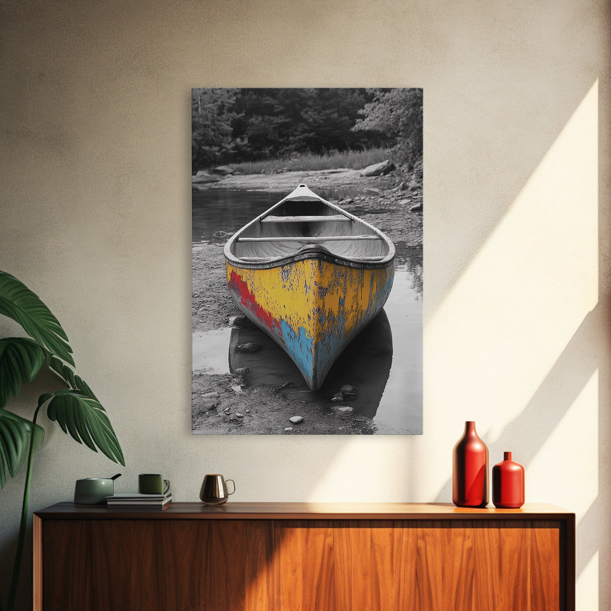 Rustic Canoe, Weathered Paint, River Adventure Art, Framed Canvas Print, Cabin Wall Decor, Color Pop Nature Photography