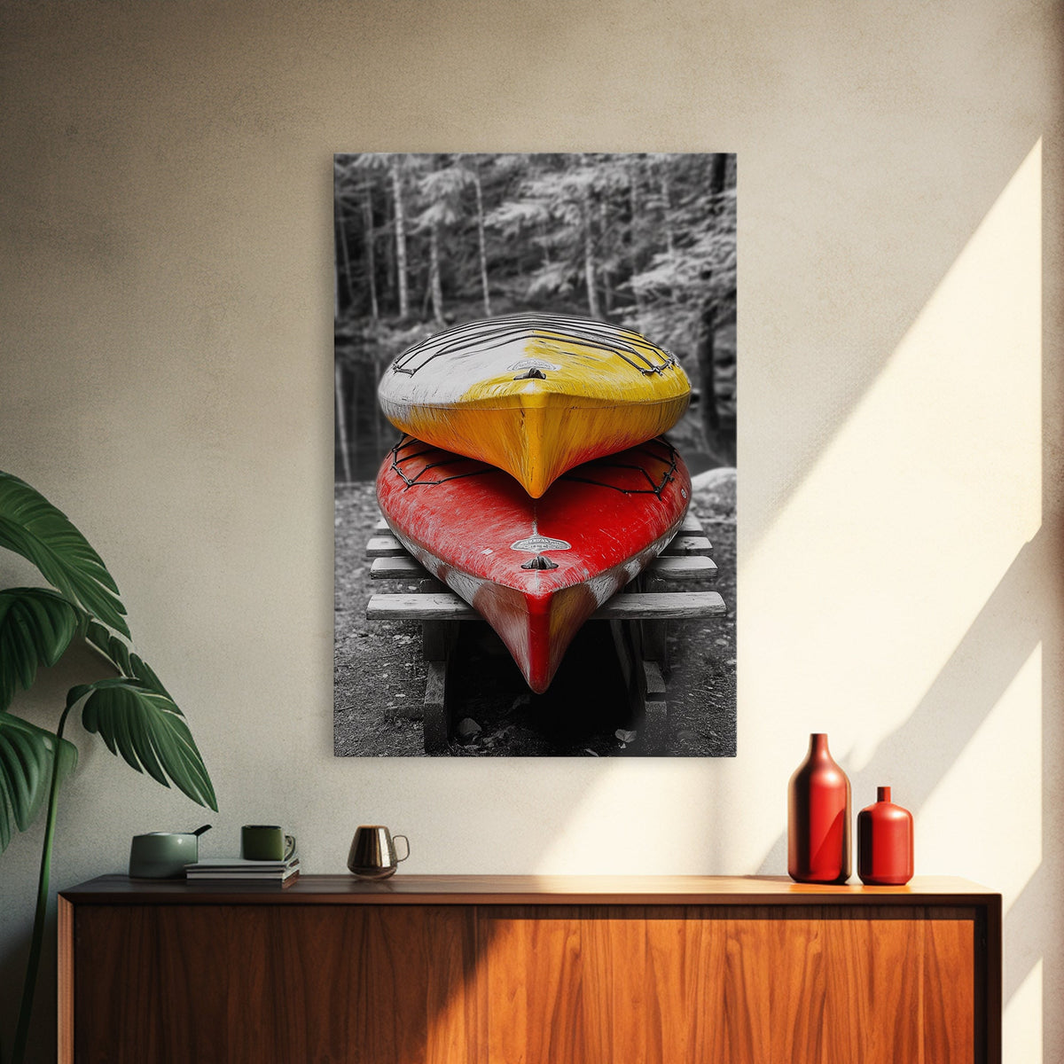 Stacked Kayaks, Red and Yellow, Forest Wall Art, Canvas Print, Adventure Photography, Outdoor Cabin Decor, Fall Travel Vibes