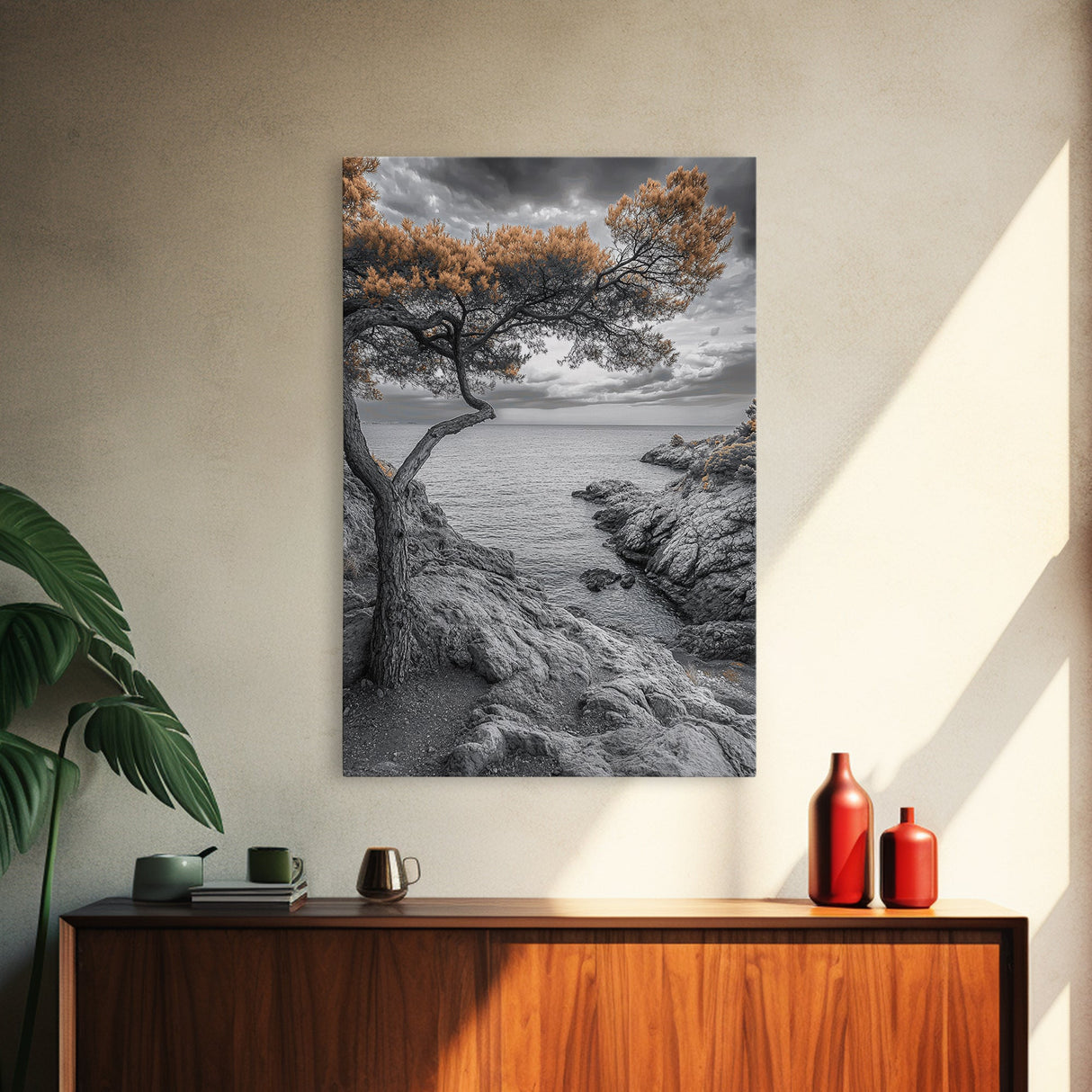 Coastal Tree, Ocean Horizon, Windswept Shoreline, Tranquil Mood, Framed Canvas Print, Minimalist Wall Art, Neutral Tones, Zen Decor