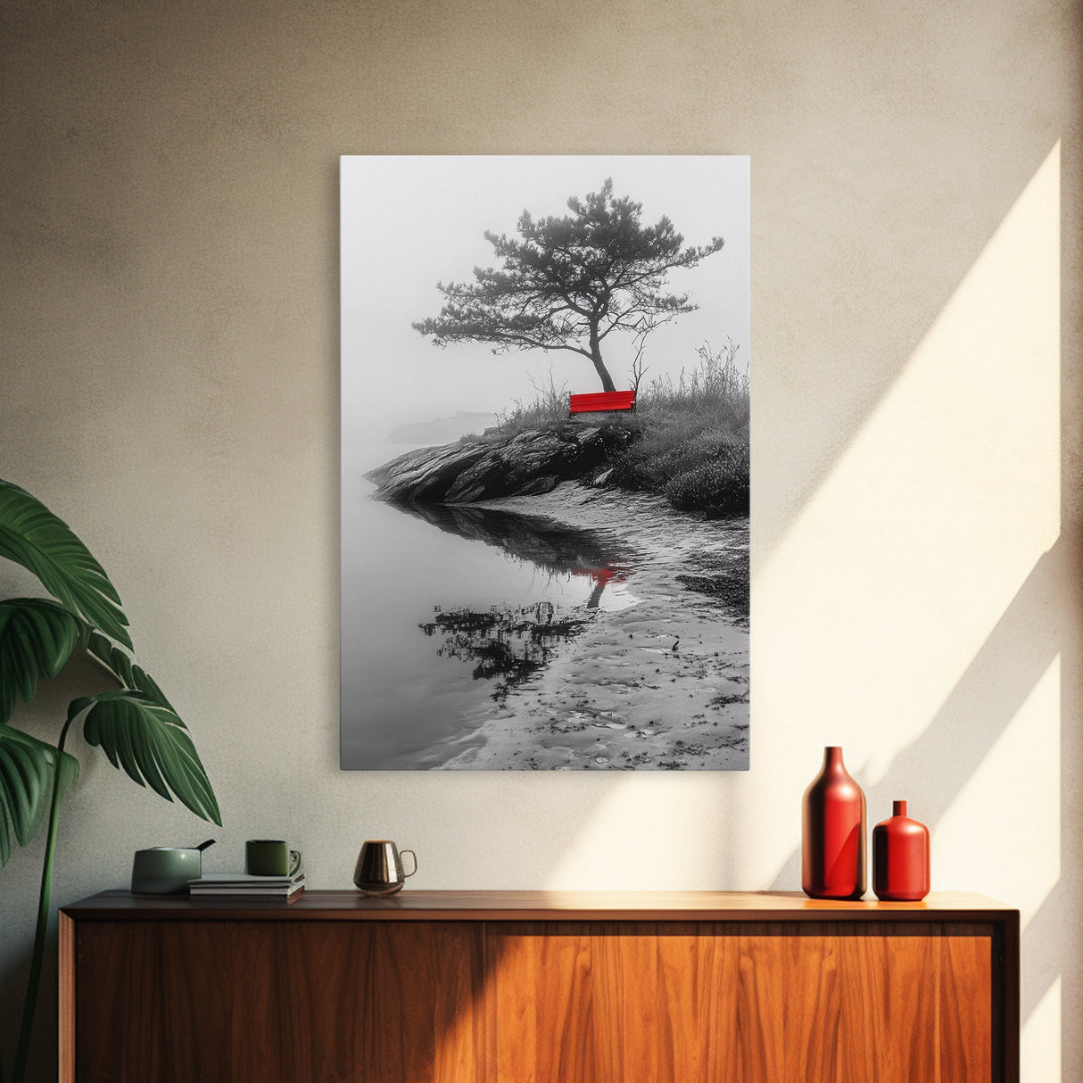 Red Bench, Misty Shore, Solitude Scene, Moody Fog Art, Framed Canvas Print, Minimalist Wall Art, Meditative Decor, Entryway Accent