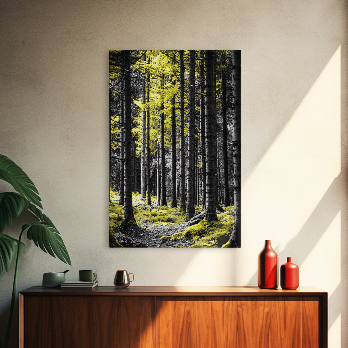 Yellow Forest, Tall Pines, Woodland Scene, Framed Canvas Print, Modern Nature Wall Art, Cabin Living Room Decor, Fall Forest Art
