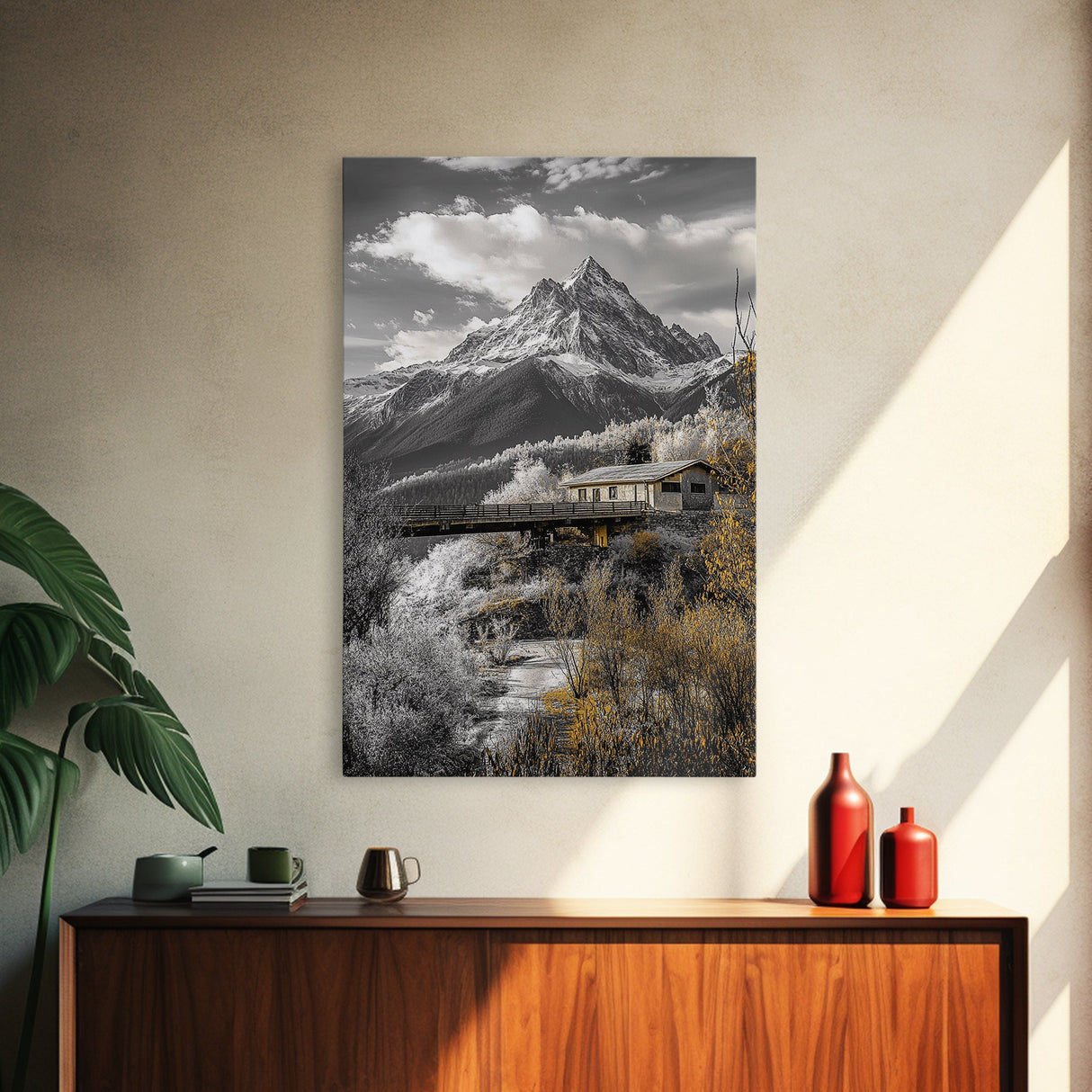 Mountain Escape, Cabin Retreat, Black White Landscape, Framed Canvas Print, Rustic Cabin Art, Bedroom Wall Decor, Nature Lodge Decor