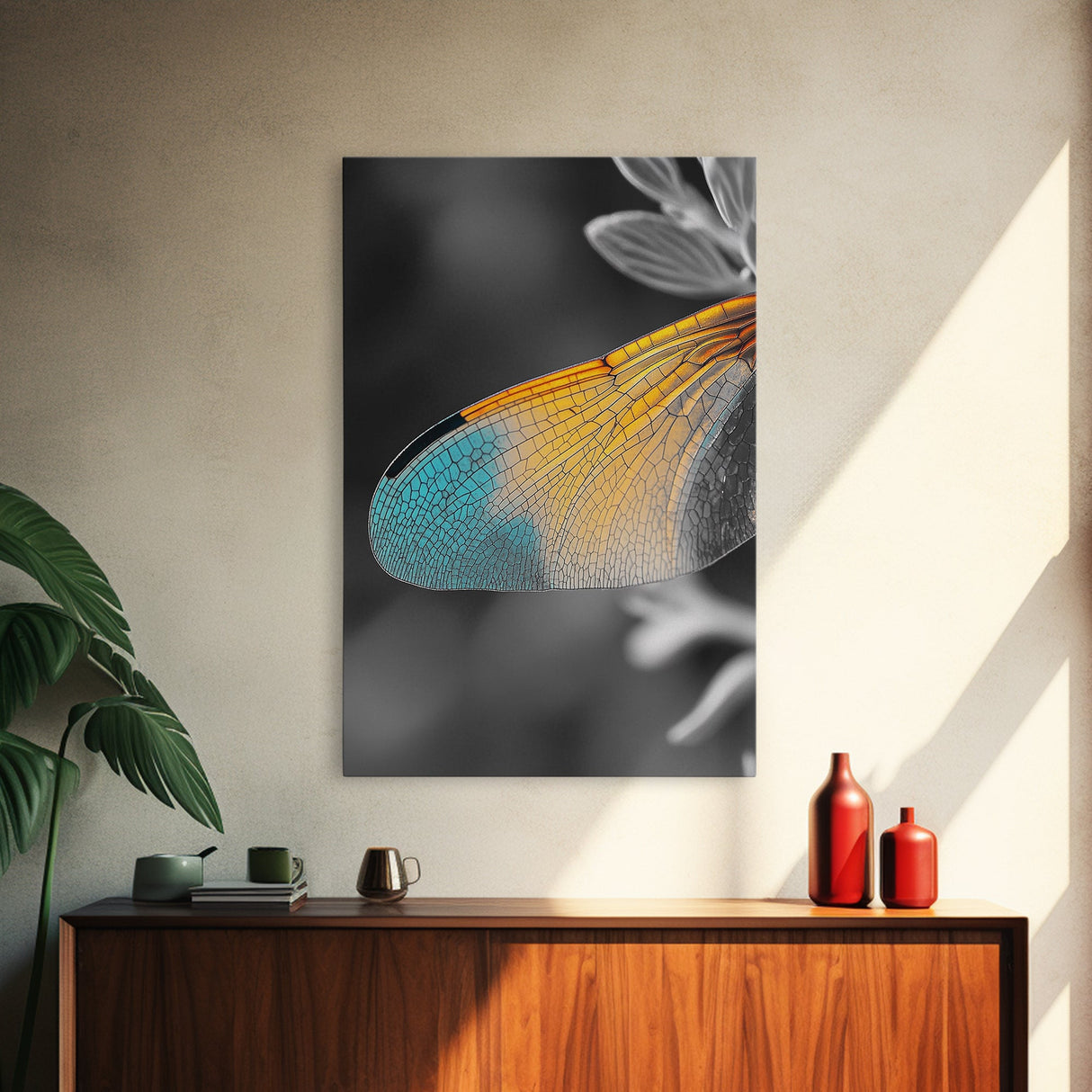 Wing Detail, Colorful Insect, Macro Nature, Blue Orange Wing, Framed Canvas Print, Natural Science Art, Entomology Wall Accent