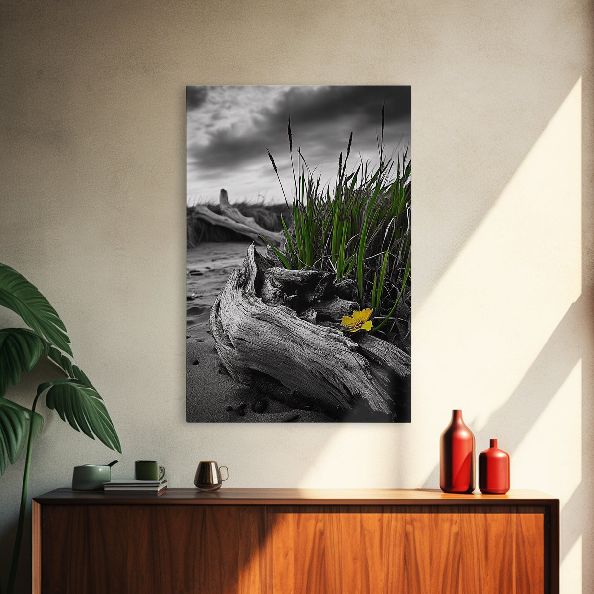 Wild Bloom, Yellow Flower, Driftwood and Grass, Moody Beach Scene, Framed Canvas Print, Autumn Wall Art, Nature Decor, Cozy Home Accent