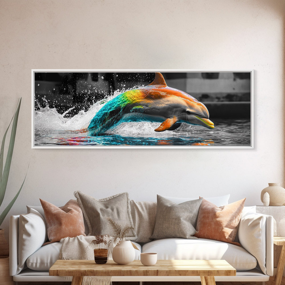 Color Splash Dolphin, Ocean Leap, Vibrant Marine, Joyful Moment — Canvas Print, Bathroom Decor, Beach House Wall Art, Pop Art Style