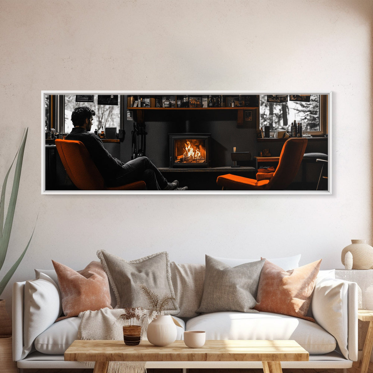 Fireplace Moment, Cozy Cabin Mood, Fall Comfort Scene, Framed Canvas Print, Hygge Wall Art, Masculine Decor, Warm Living Room Style