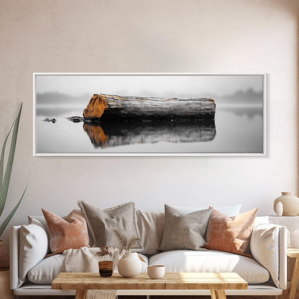 Weathered Log Reflection, Calm Lake Scene, Canvas Print, Minimalist Nature Photography, Zen Bathroom Wall Art, Serene Rustic Decor