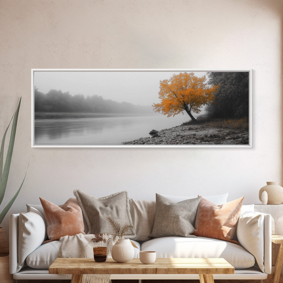 Foggy Riverbank Tree, Orange Fall Tree, Framed Canvas Print, Autumn Nature Scene, Moody Landscape Wall Art, Rustic Bedroom Decor