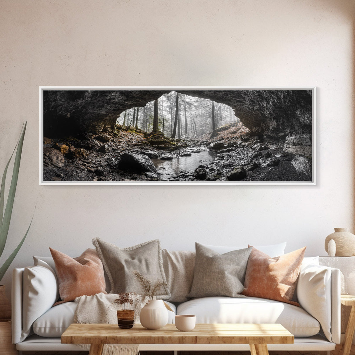 Forest Cave, Woodland Stream, Natural Light, Hidden Path, Framed Canvas Print, Cabin Wall Art, Rustic Decor, Adventure Photography