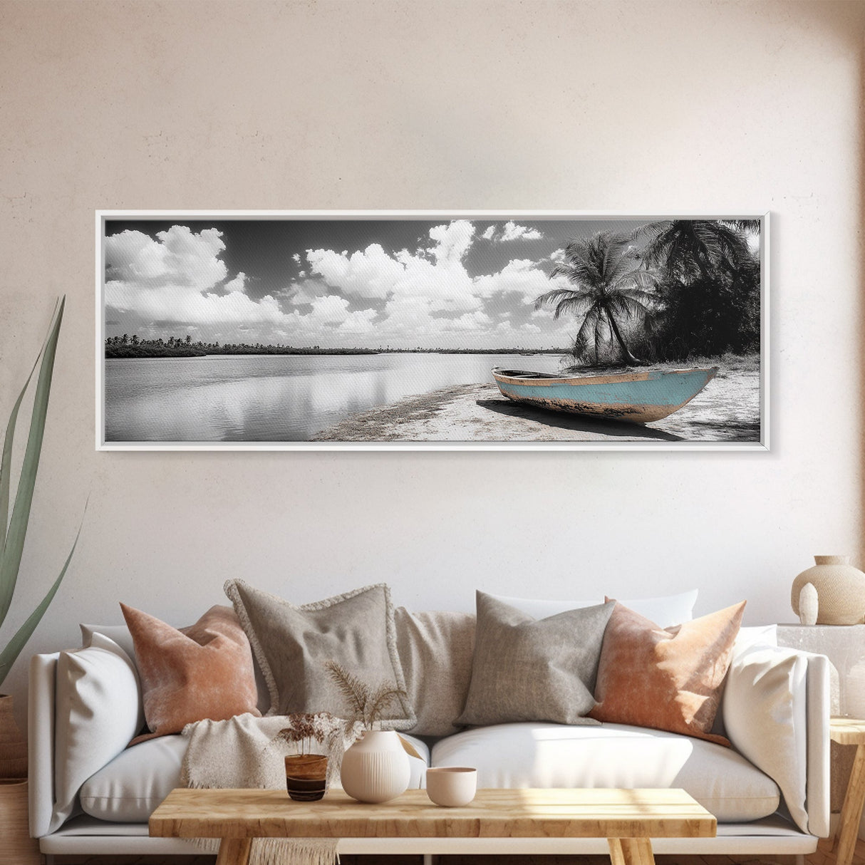 Tropical Boat, Deserted Beach, Palms and Clouds, Ocean Peace, Framed Canvas Print, Boho Wall Art, Bedroom Decor, Seaside Minimalism