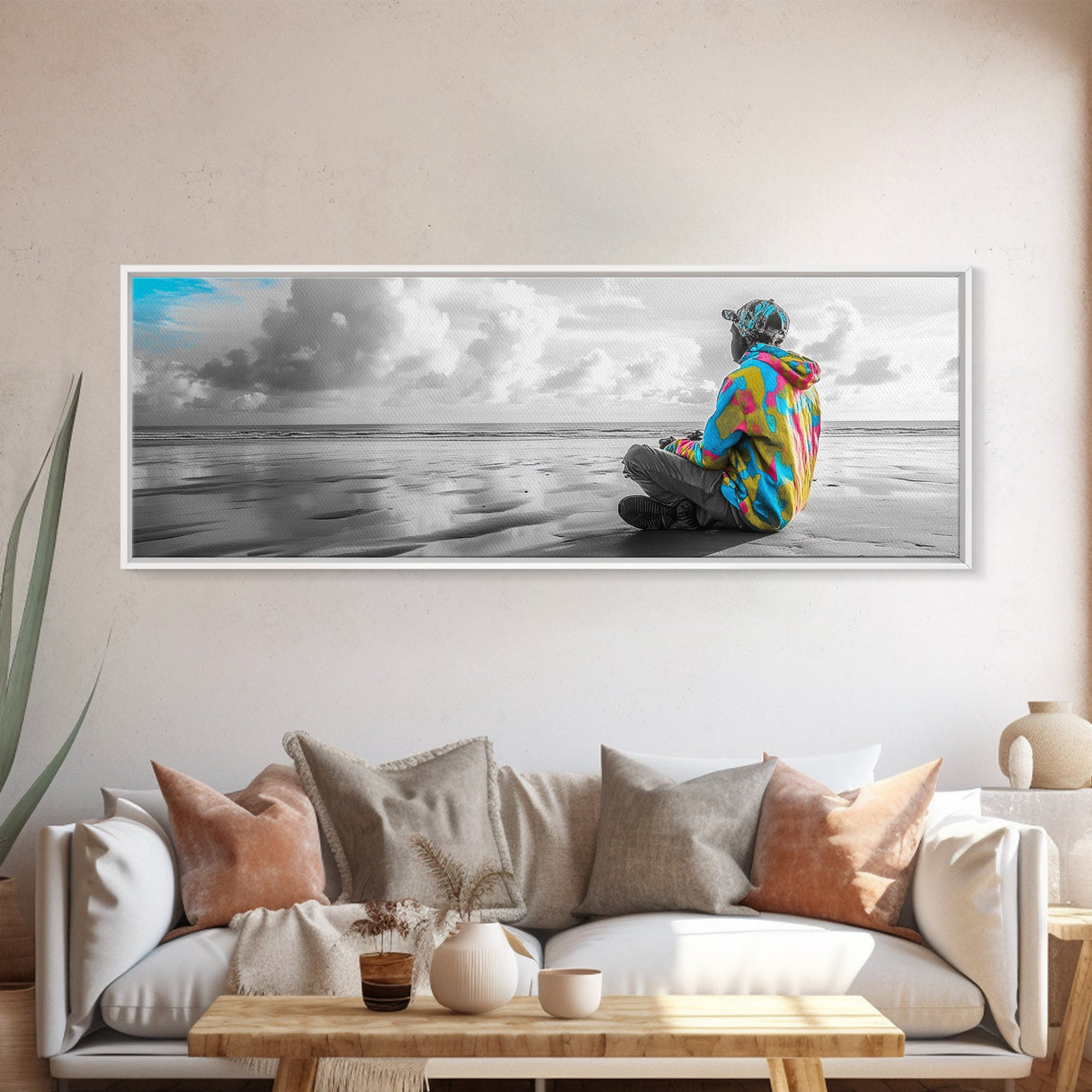 Colorful Hoodie, Peaceful Ocean, Reflective Moment, Street Style, Framed Canvas Print, Boho Wall Art, Teen Bedroom Decor