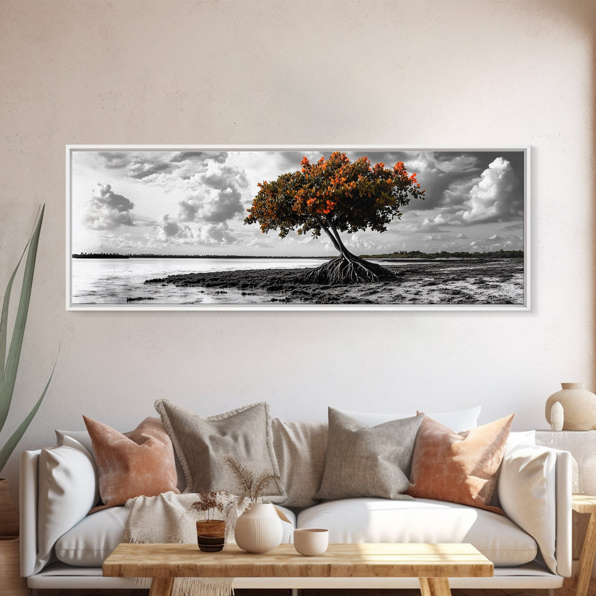 Mangrove Tree, Coastal Roots, Windswept Shore, Stormy Sky, Framed Canvas Print, Entryway Wall Art, Tropical Nature Art, Minimalist Style