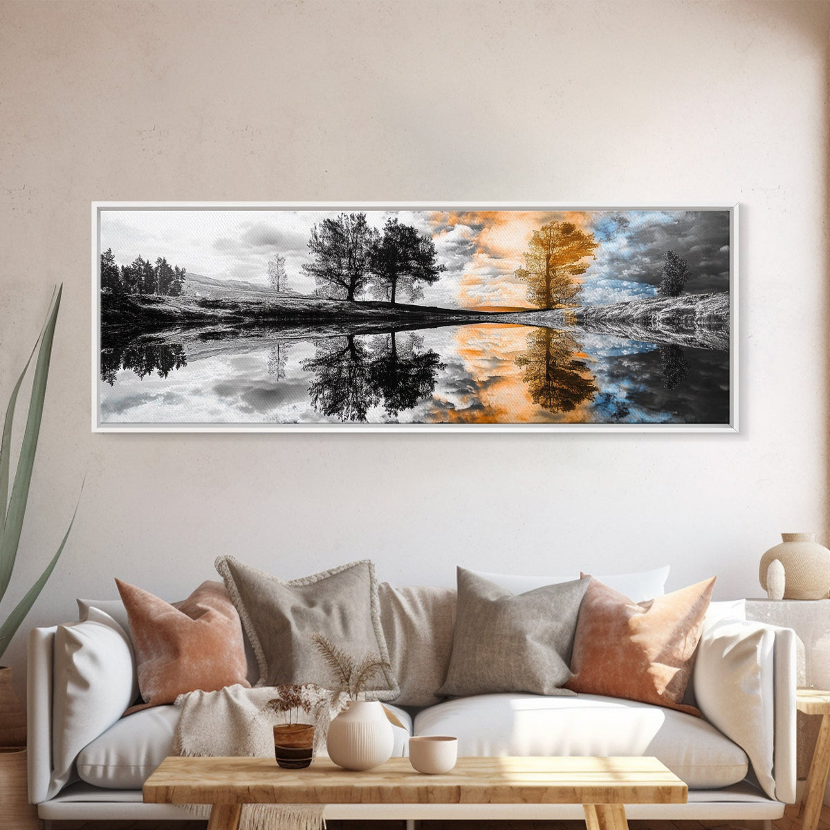 Surreal Reflection, Tree Silhouettes, Split Sky, Framed Canvas Print, trippy landscape art, black and white dreamy wall decor