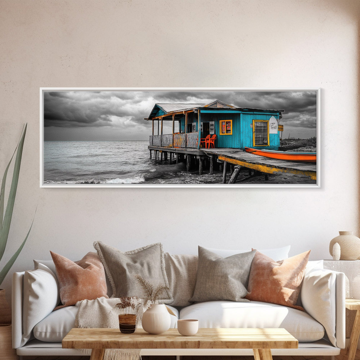 Rustic Shack, Ocean Pier, Stormy Skies, Tropical Retreat, Framed Canvas Print, Nautical Wall Art, Beach Cabin Decor, Lake House Style