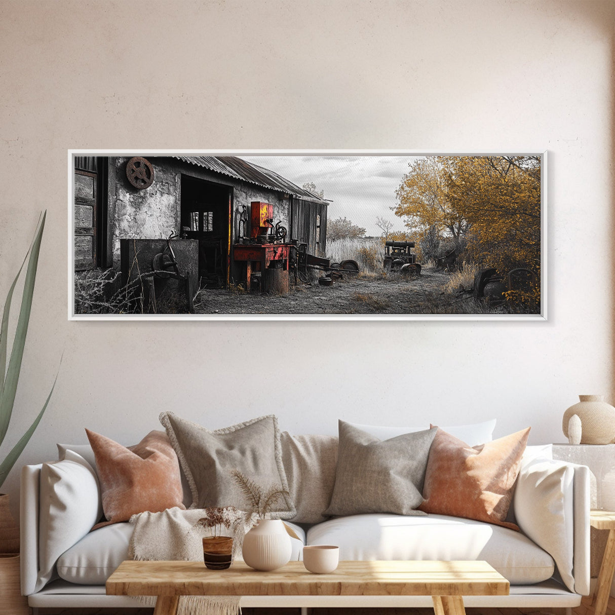 Abandoned Workshop, Rural Americana Scene, Autumn Landscape, Canvas Print, Farmhouse Decor, Rustic Fall Entryway or Garage Wall Art