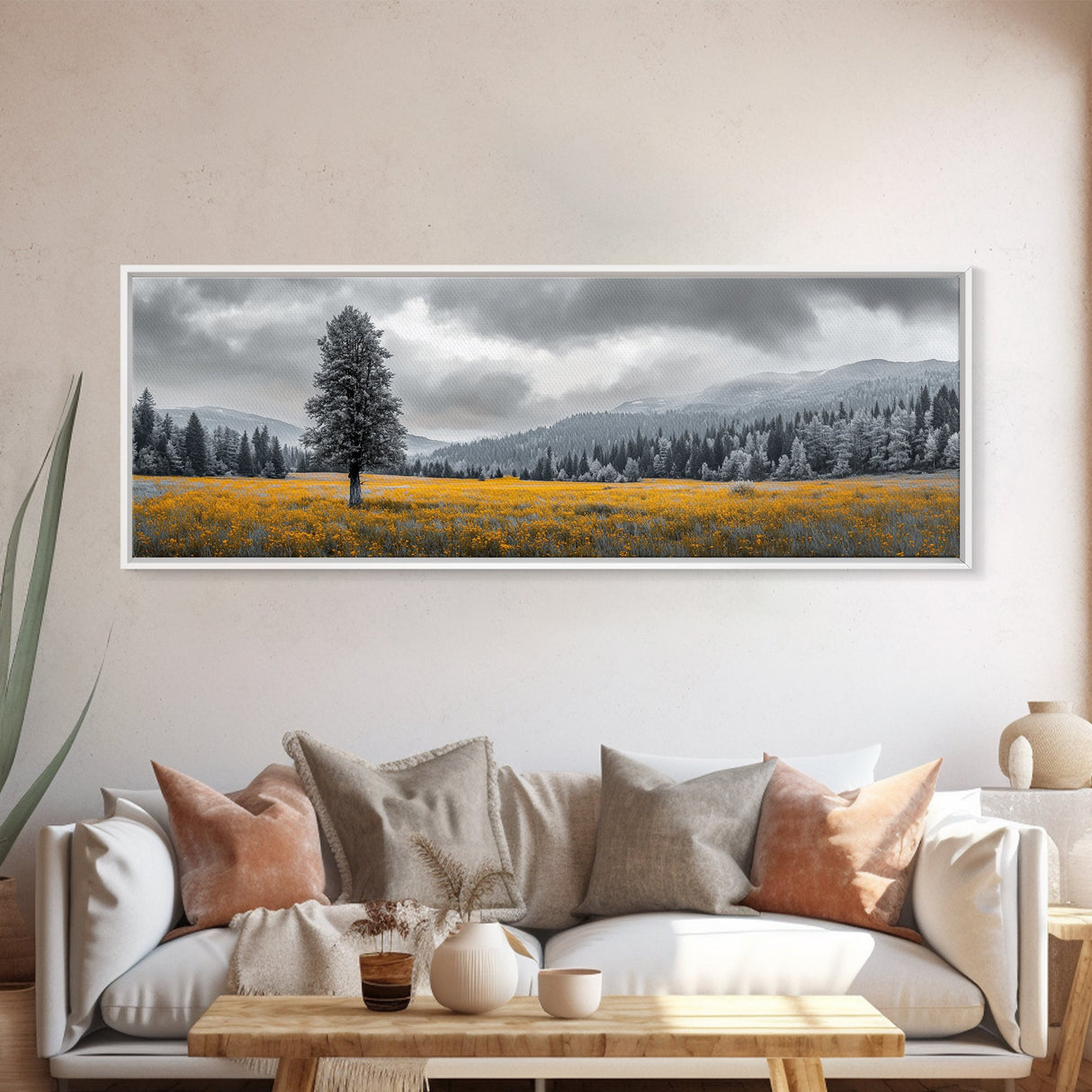 Lone Tree, Yellow Meadow, Autumn Landscape, Moody Forest, Framed Canvas Print, Nature Photography, Cabin Wall Art, Fall Home Decor