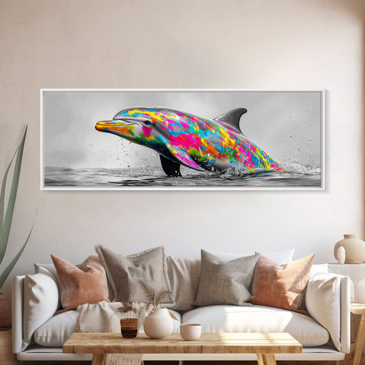 Rainbow Dolphin Splash, Colorful Ocean Animal, Vibrant Wildlife Art, Canvas Print, Coastal Kids Room Wall Art, Playroom Nautical Decor