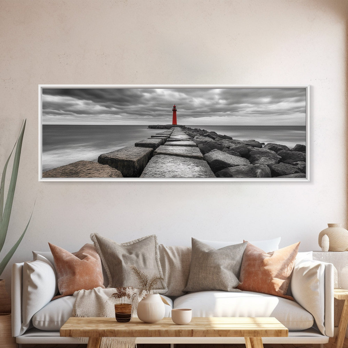 Red Lighthouse Coast, Seaside Rock Jetty, Stormy Sky Mood, Nautical Beacon View, Canvas Print, Bathroom Wall Art, Coastal Modern Decor