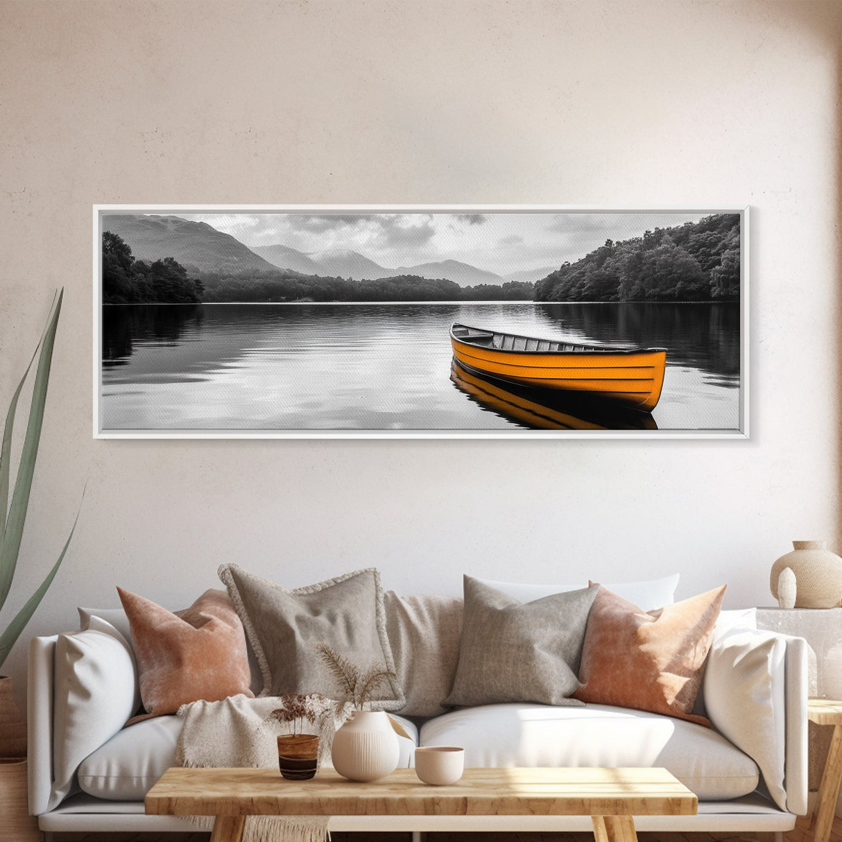 Golden Canoe, Lake Reflection, Tranquil Water, Adventure Scene, Canvas Print, Minimalist Wall Art, Bedroom Landscape, Cabin Decor