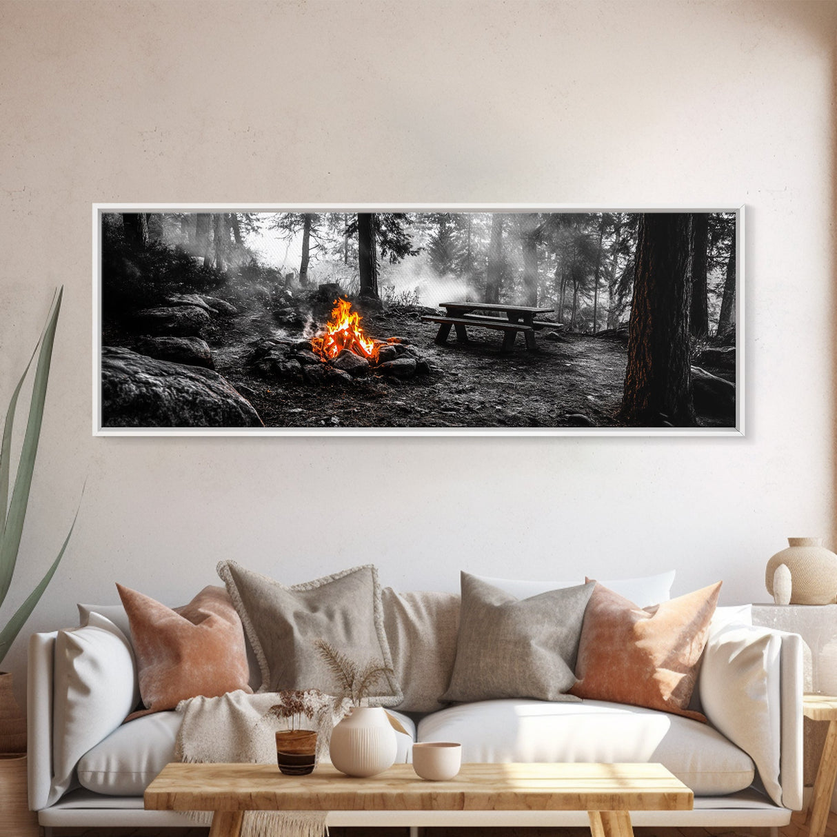 Forest Firepit, Picnic Spot, Smoky Trees, Nature Flame, Canvas Print, Fall Wall Art, Camping Cabin Decor, Rustic Outdoor Style