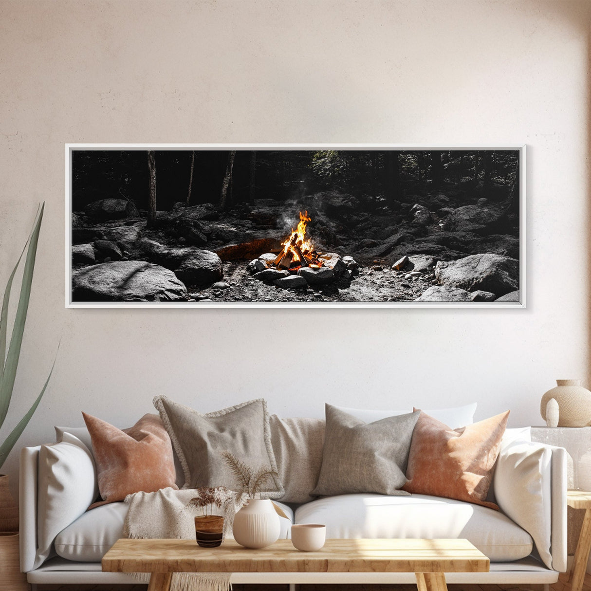 Stone Circle, Night Fire, Forest Blaze, Cozy Gathering, Canvas Print, Wilderness Wall Art, Fall Camping Decor, Rustic Cabin Style