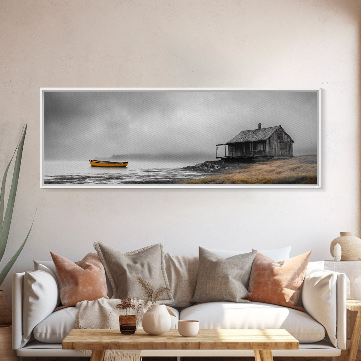 Foggy Lake, Yellow Boat, Rustic Cabin, Coastal Calm, Framed Canvas Print, Autumn Wall Art, Bedroom Decor, Minimalist Nature Photography