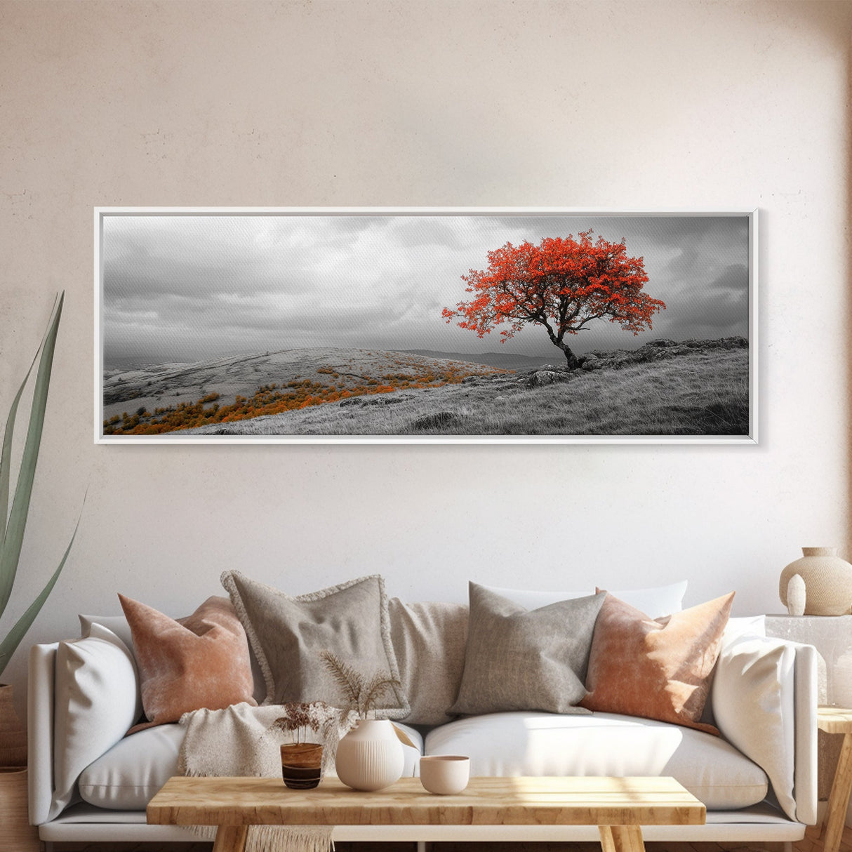 Red Tree, Hilltop Vista, Fall Landscape, Vibrant Nature, Framed Canvas Print, Autumn Wall Art, Living Room Nature Photography