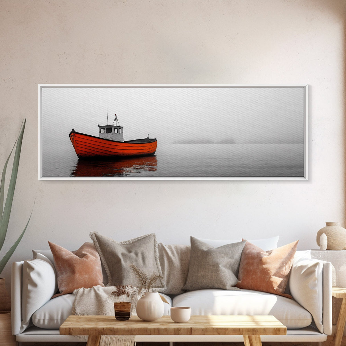 Orange Boat, Ocean Mist, Foggy Seascape, Calm Waters, Framed Canvas Print, Minimalist Nautical Art, Peaceful Wall Decor for Bedroom