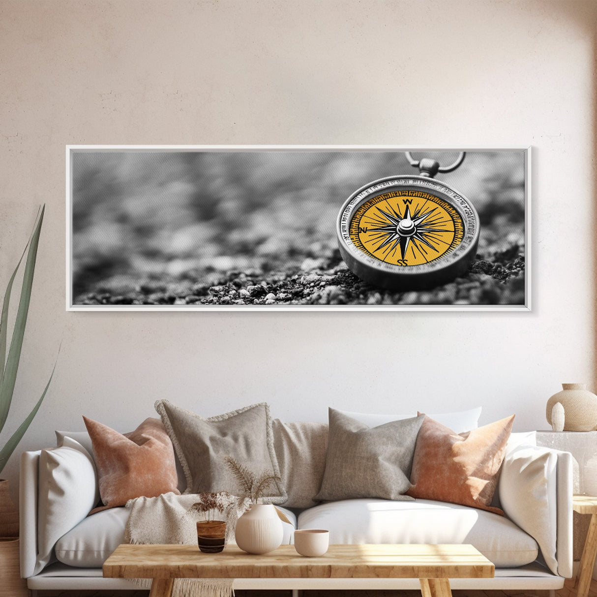 Golden Compass Closeup, Adventure Exploration Theme, Vintage Nautical Design, Framed Canvas Print, Office Wall Art, Travel Lover Gift