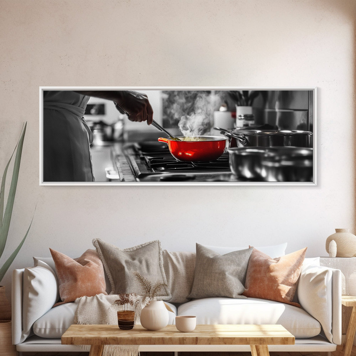 Red Cooking Pot, Steamy Kitchen Scene, Culinary Art Moment, Framed Canvas Print, Kitchen Wall Art, Modern Home Decor, Foodie Gift