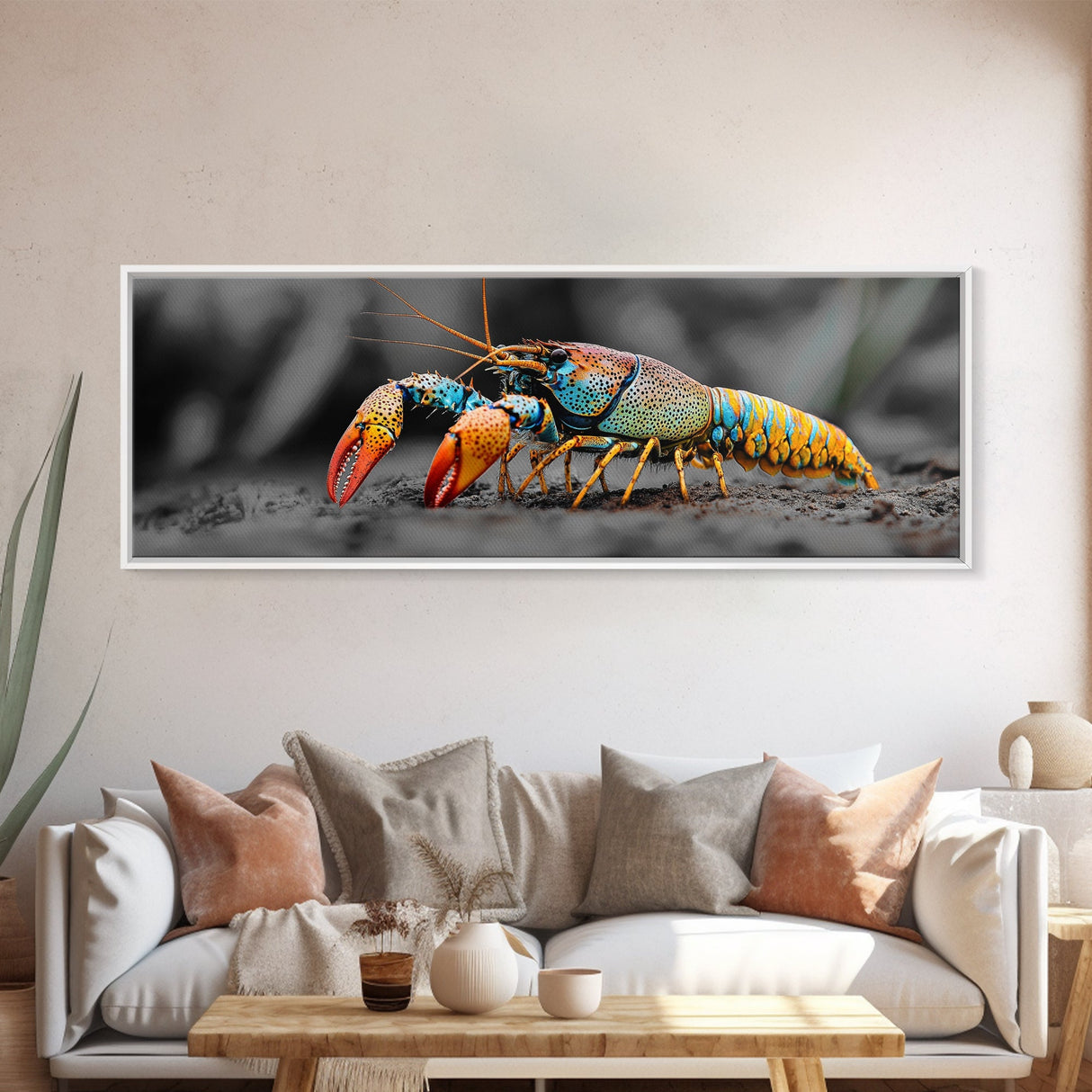 Rainbow Lobster Macro, Exotic Crustacean Art, Vivid Ocean Creature, Framed Canvas Print, Kitchen Wall Art, Coastal Nature Decor