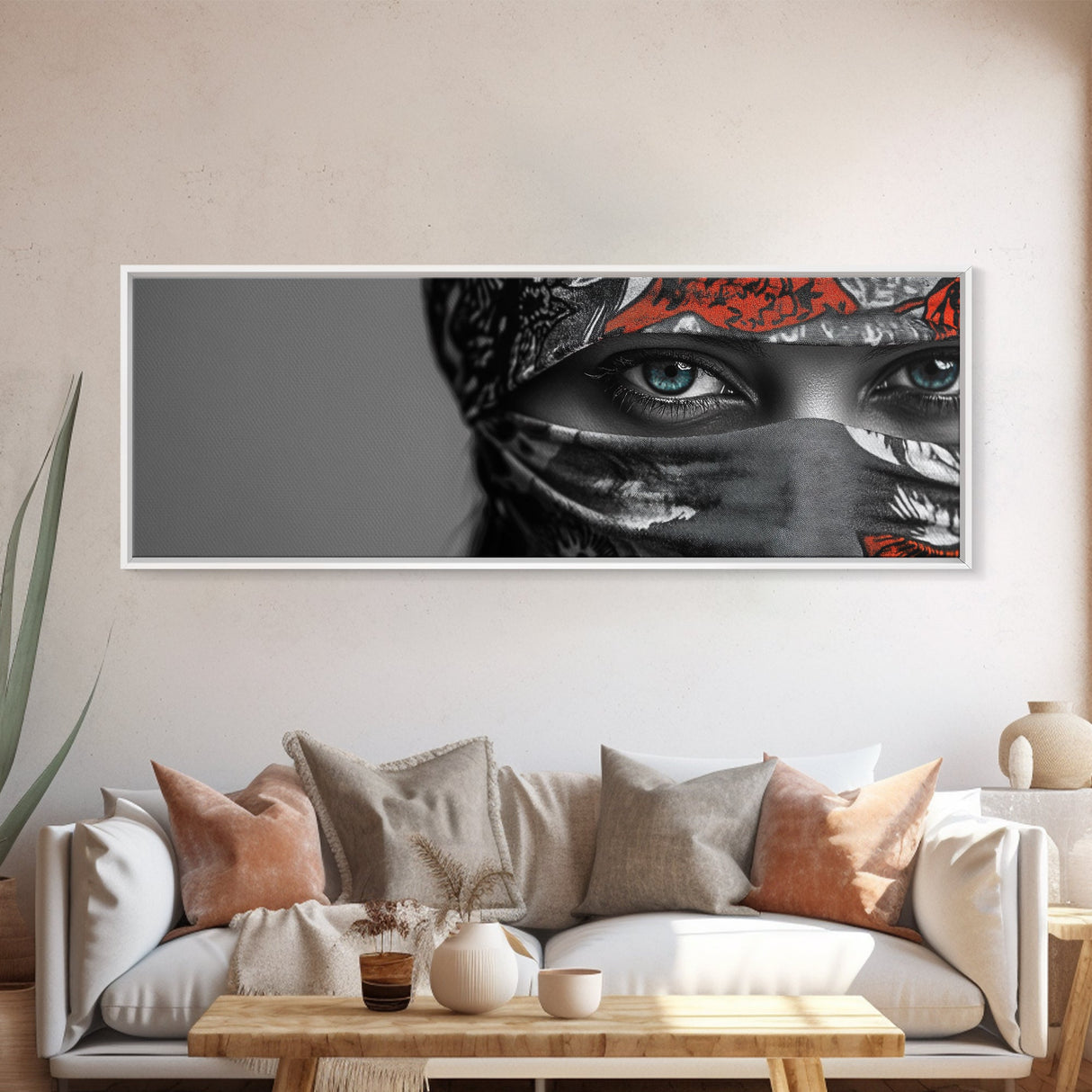 Eyes Closeup, Blue Eyes, Patterned Veil, Mysterious Portrait, Framed Canvas Print, Boho Bedroom Wall Art, Modern Glam Decor