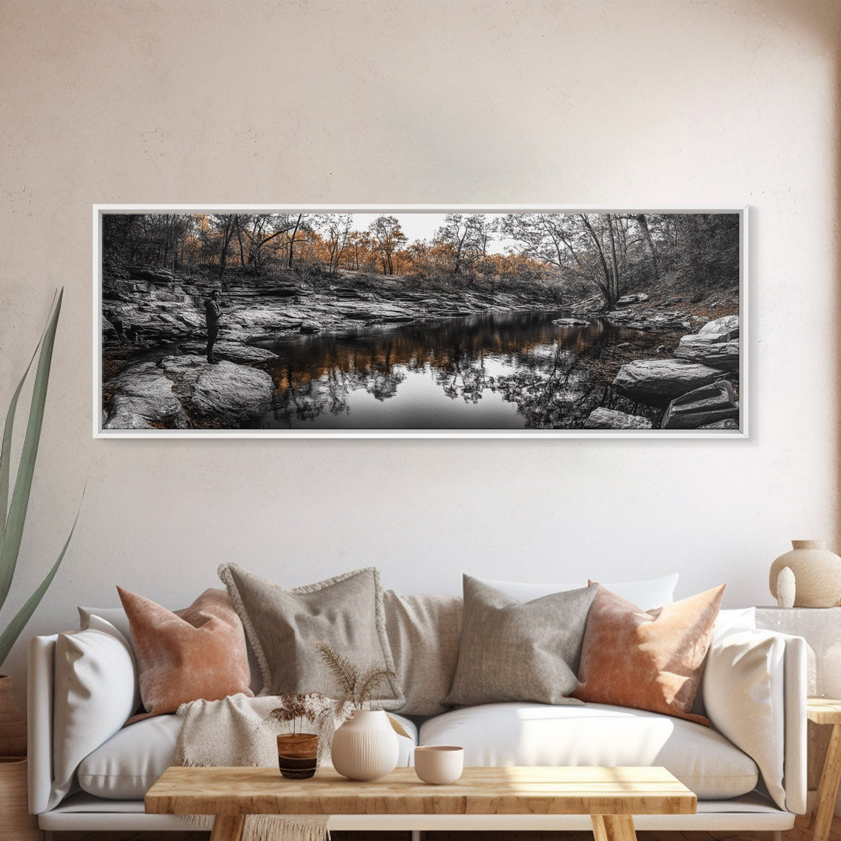 Peaceful Creek View, Fall Foliage Forest, Nature Wall Art, Fishing Scene, Framed Canvas Print, Rustic Home Decor, Autumn Photography