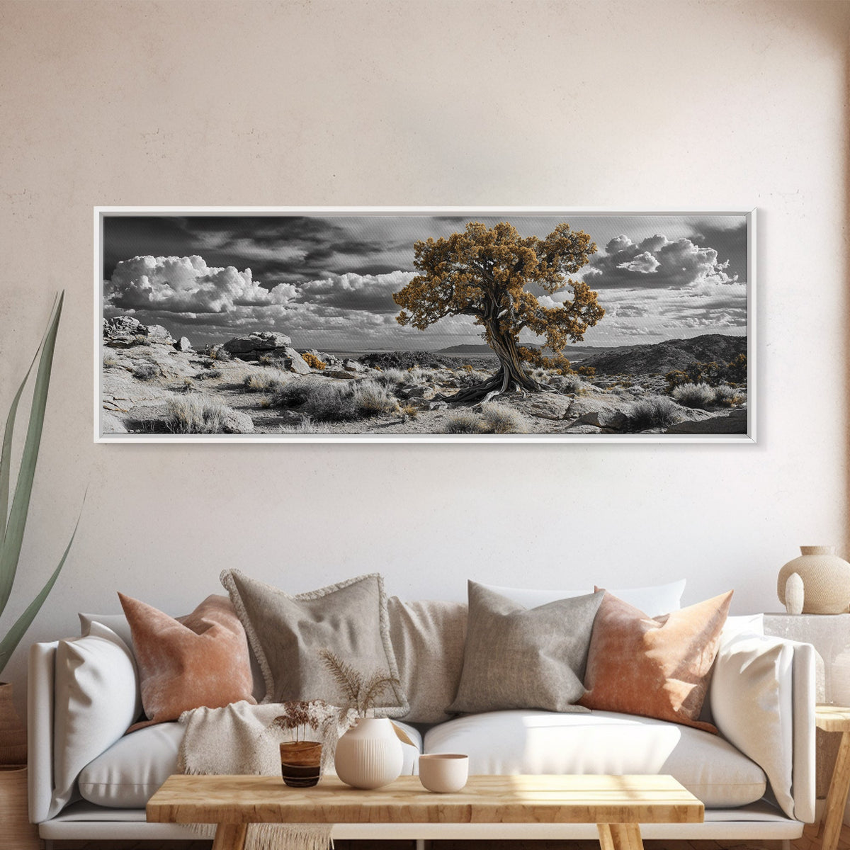 Twisted Desert Tree, Rocky Canyon Art, Dramatic Sky Nature Scene, Framed Canvas Print, Rustic Wall Decor, Moody Western Home Aesthetic