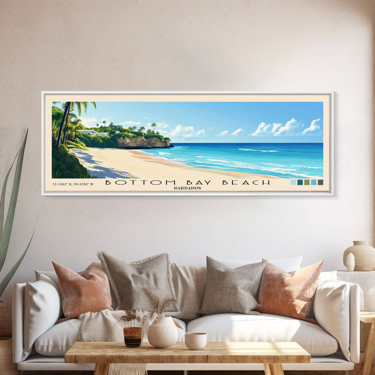 Bottom Bay Beach, Barbados Panoramic Beach Print, Vacation Gift, Barbados Wall Art, Framed Canvas Print, Framed Beach Painting