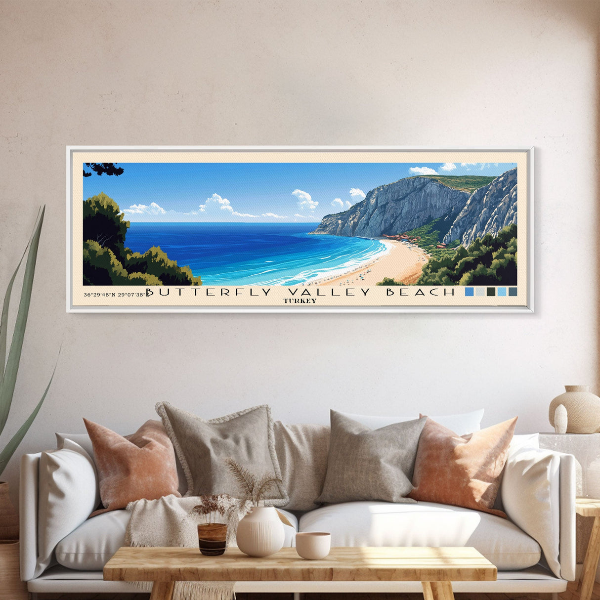 Butterfly Valley Beach, Turkey Panoramic Print, Vacation Gift, Turkey Wall Art, Beach Painting, Beach Decor, Large Wall Art, Wood Frame Art