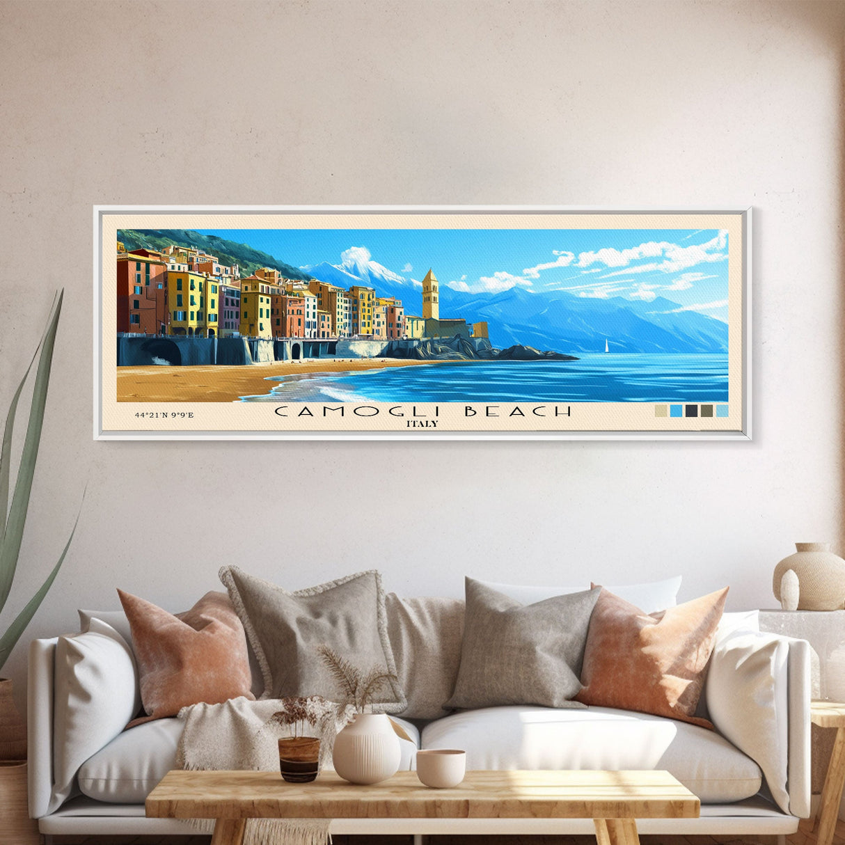 Camogli Beach, Italy Panoramic Beach Print, Vacation Gift, Italy Wall Art, Beach Painting, Beach Decor, Beach Painting