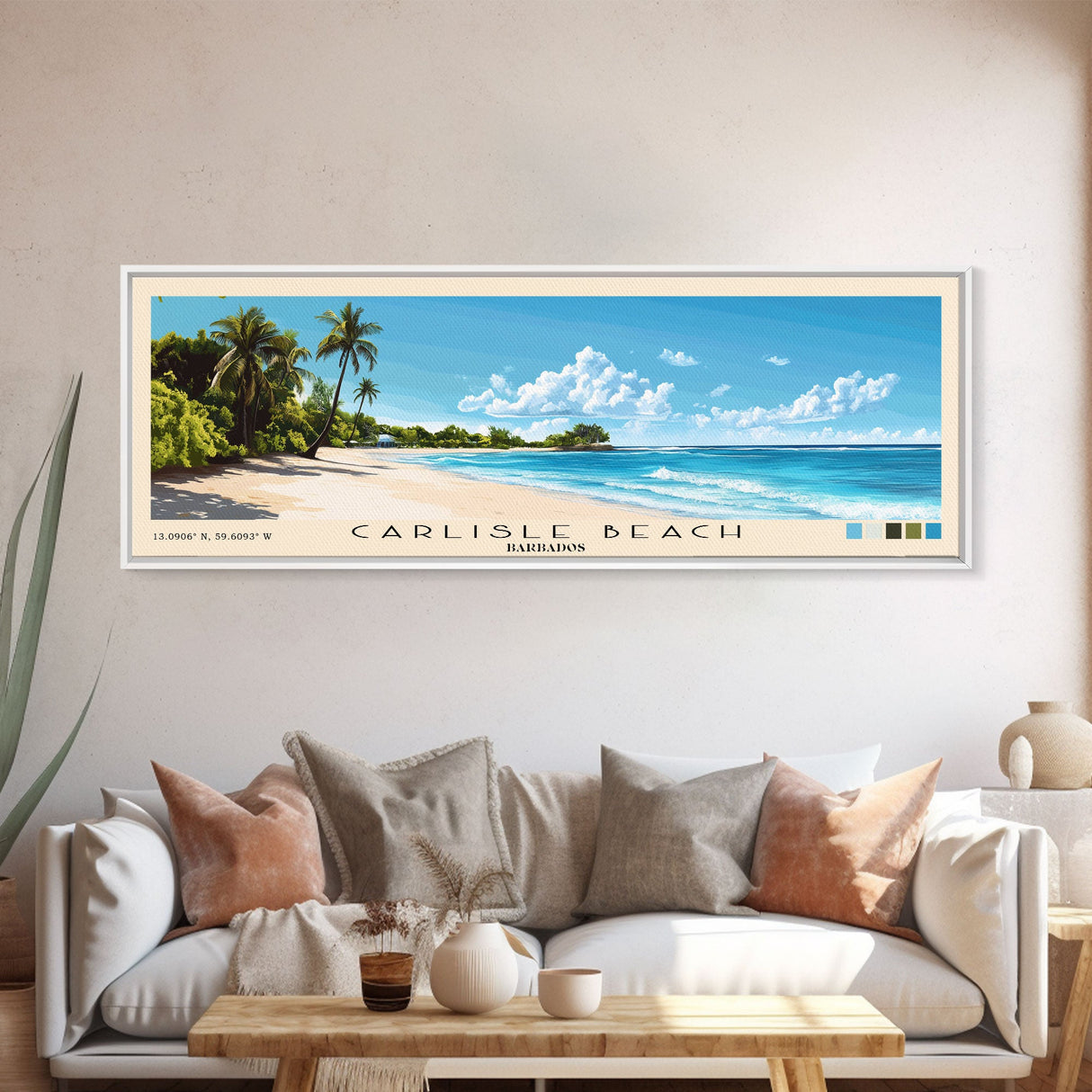 Carlisle Beach, Barbados Panoramic Beach Print, Vacation Gift, Barbados Wall Art, Framed Canvas Print, Framed Beach Painting