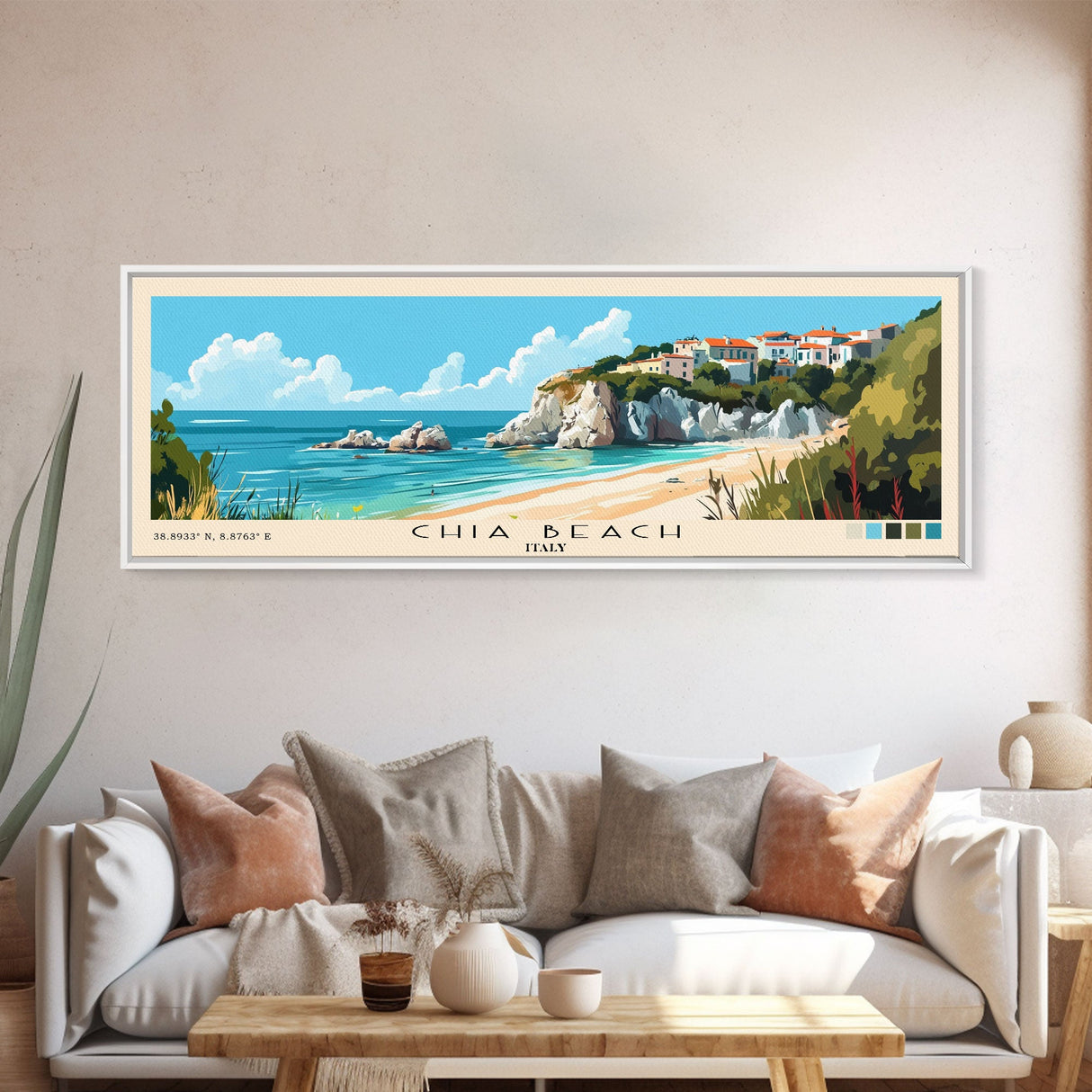 Chia Beach, Italy Panoramic Beach Print, Vacation Gift, Italy Wall Art, Framed Canvas Print, Framed Beach Painting