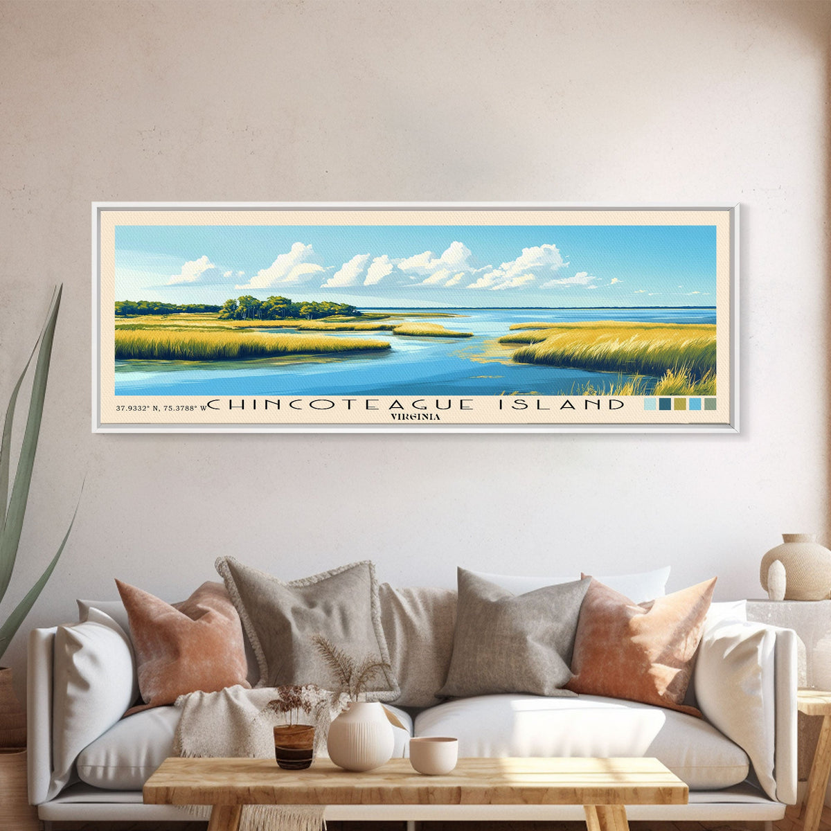 Chincoteague Island, Virginia Panoramic Beach Print, Vacation Gift, Virginia Wall Art, Framed Canvas Print, Framed Beach Painting