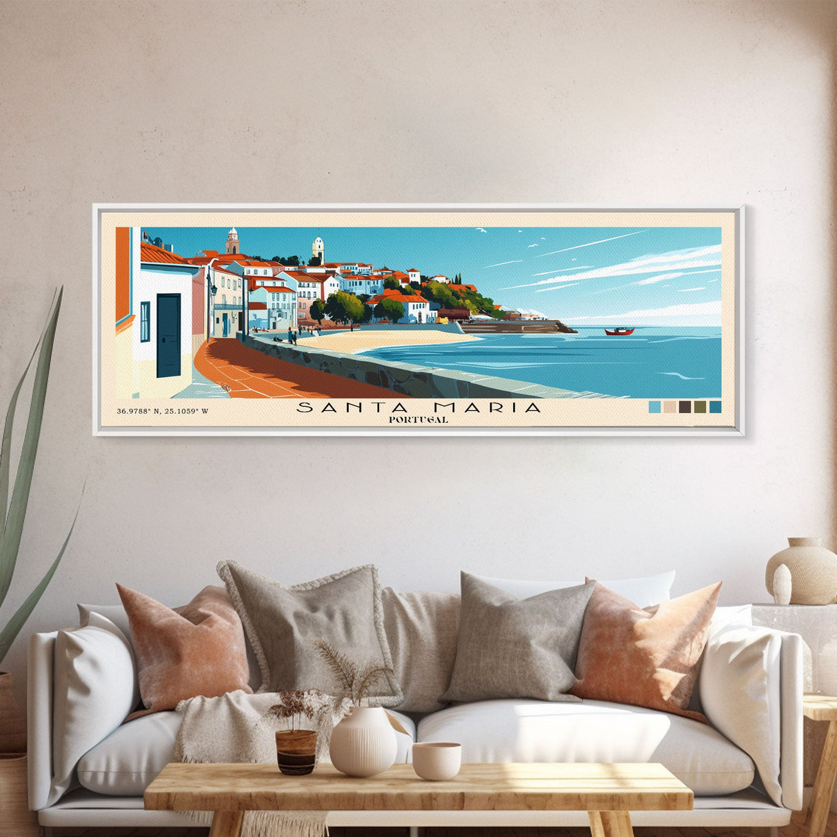 Santa Maria, Portugal Panoramic Beach Print, Vacation Gift, Portugal Wall Art, Beach Painting, Beach Decor, Beach Painting