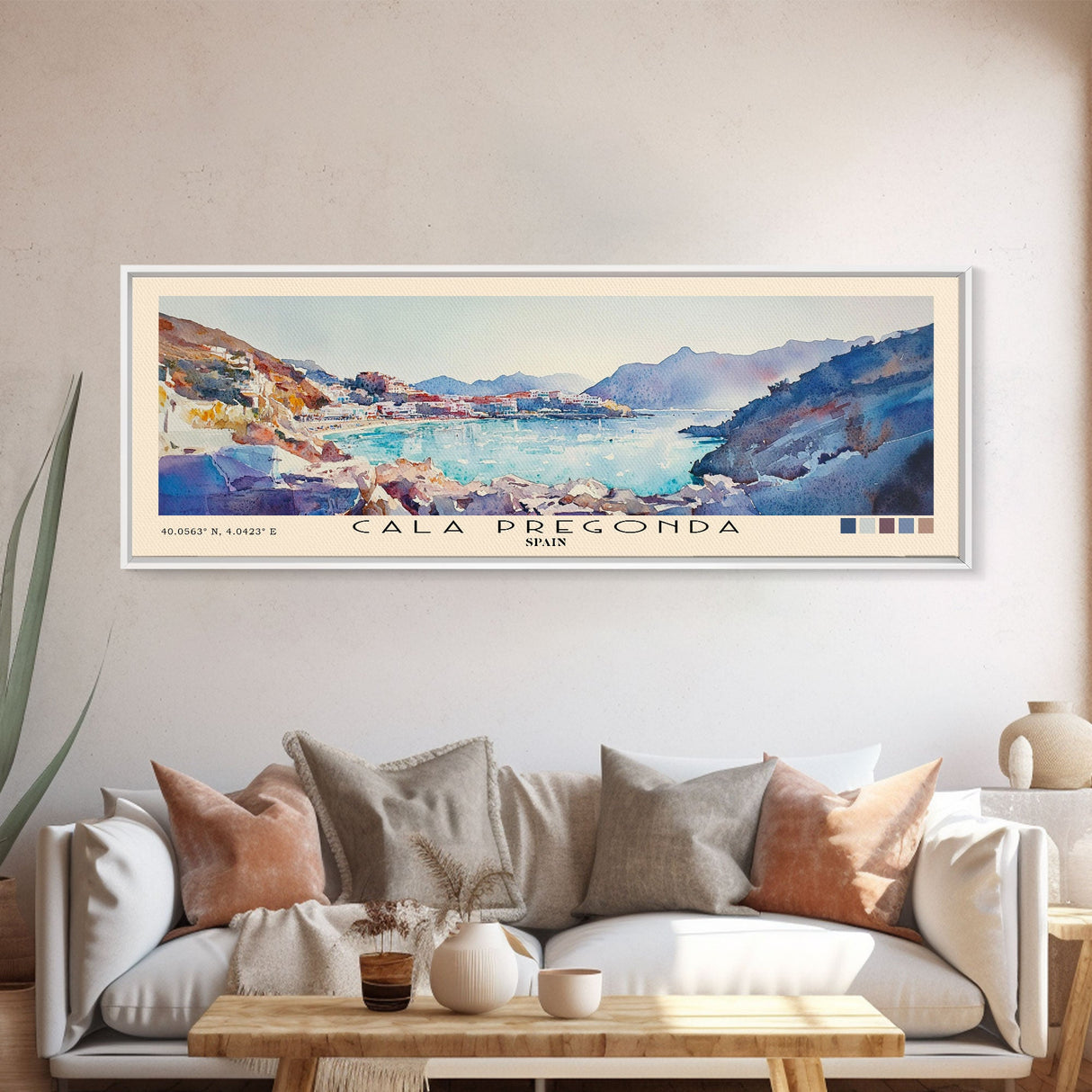 Cala Pregonda, Spain Watercolor Print, Vacation Gift, Spain Wall Art, Beach Painting, Beach Decor, Large Wall Art, Wood Frame Art