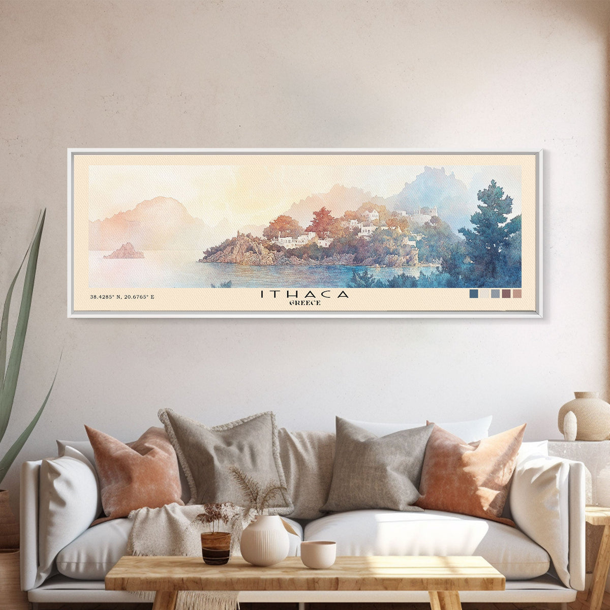 Ithaca, Greece Watercolor Print, Vacation Gift, Greece Wall Art, Beach Painting, Beach Decor, Large Wall Art, Wood Frame Art